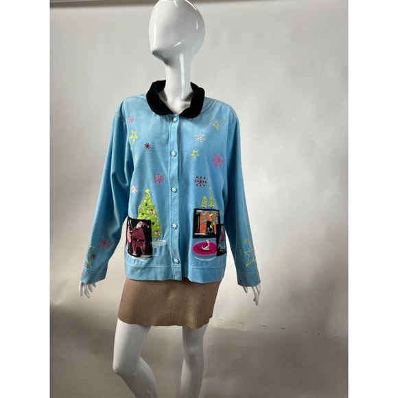 Onque Casuals Christmas Holiday Velour Jacket L Blue Velour Cotton Blend - Picture 12 of 16
